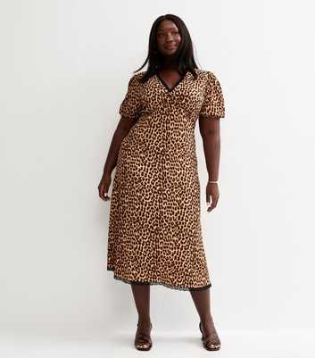 Curves Brown Animal Print Crinkled Short Sleeve Midi Dress