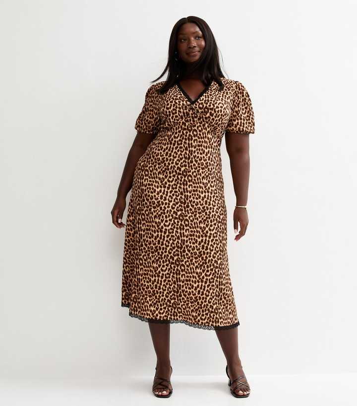 Curves Brown Animal Print Crinkled Short Sleeve Midi Dress