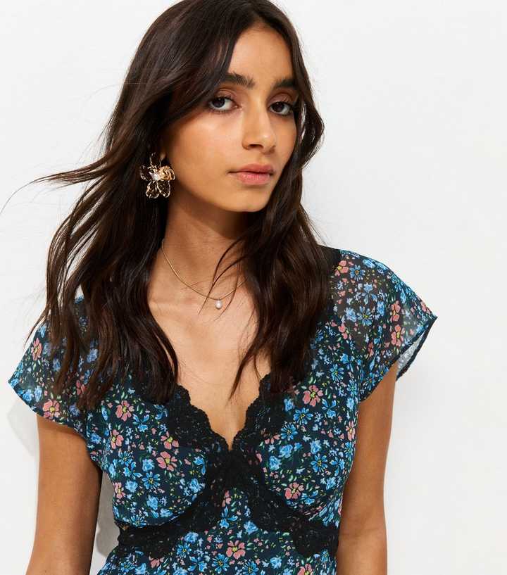 Black Floral Print Chiffon Cap Sleeve Mini Dress | New Look