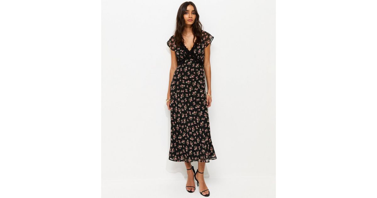 knee length dresses for ladies Black Floral Embroidered Nova Midi Dress main image 1