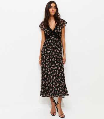 Black Floral Print Chiffon Lace Trim Midi Dress
