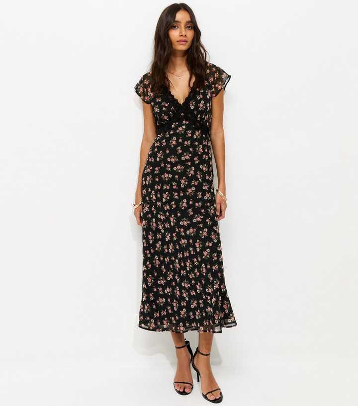 Black Floral Print Chiffon Lace Trim Midi Dress
