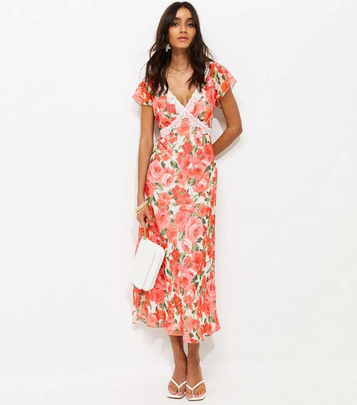 Pink Floral Print Lace Trimmed Chiffon Midi Dress