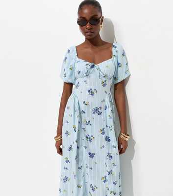 Blue Floral Stripe Milkmaid Midi Dress