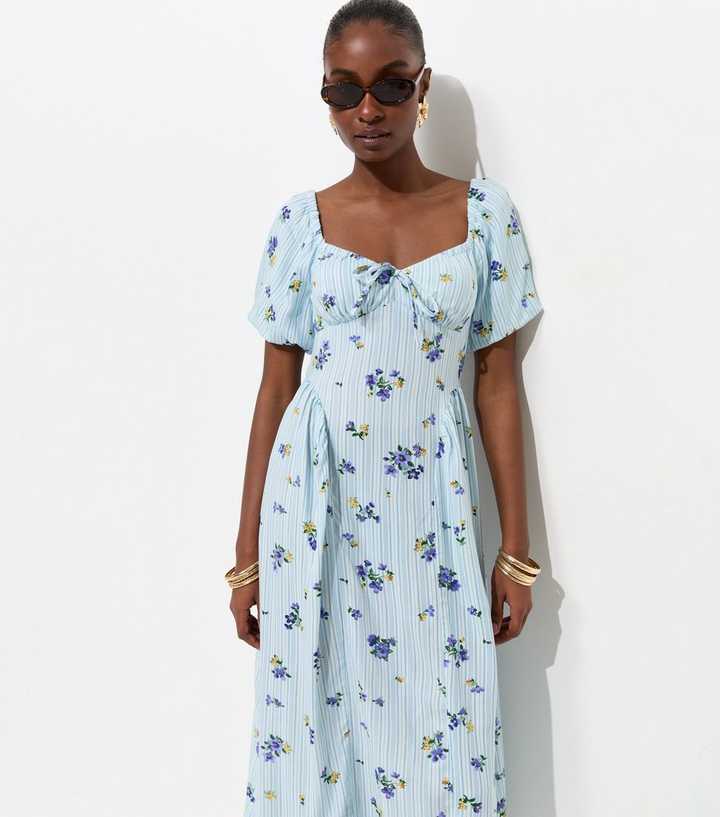 Blue Floral Stripe Milkmaid Midi Dress