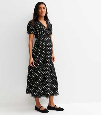 Maternity Black Polka Dot Lace Trim Midi Dress