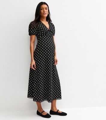 Maternity Black Polka Dot Lace Trim Midi Dress | New Look
