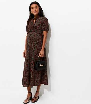 Maternity Black Ditsy Short Sleeve Keyhole Midi Dress