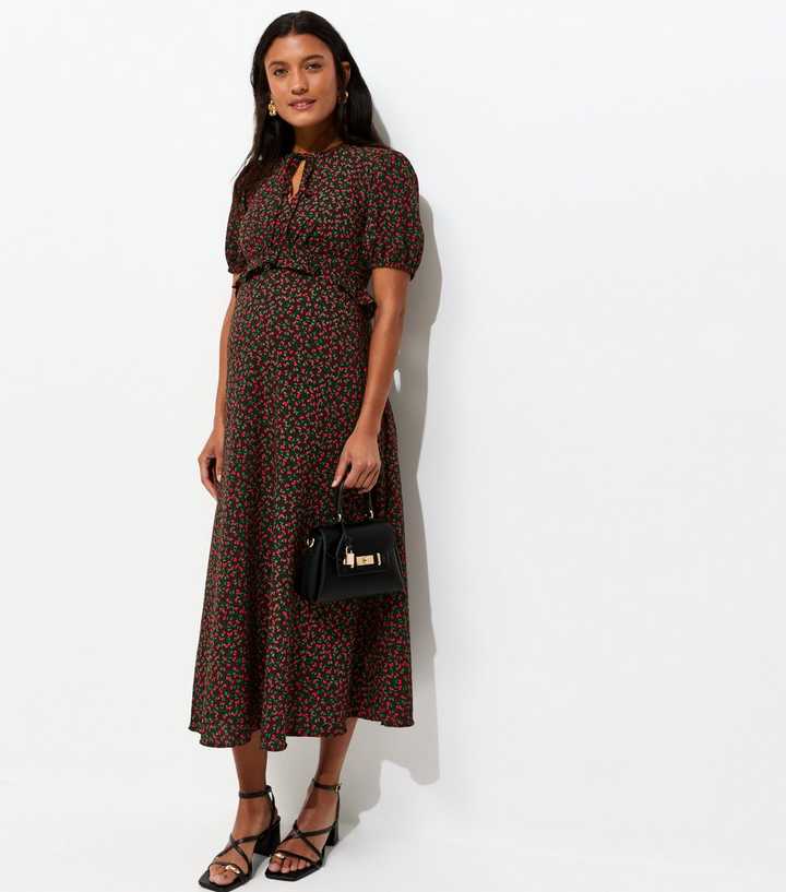 Maternity Black Ditsy Short Sleeve Keyhole Midi Dress