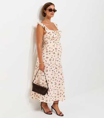 Maternity Cream Floral Ruff Strappy V Midi Dress