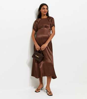 Maternity Dark Brown Satin Puff Sleeve Midi Dress