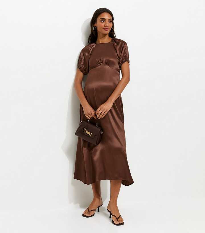 Maternity Dark Brown Satin Puff Sleeve Midi Dress