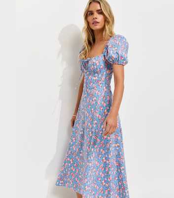 Petite Blue Rose Print Milkmaid Midi Dress
