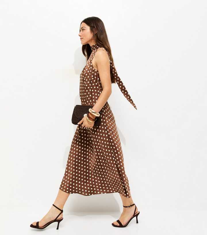 Petite Brown Polka Dot Scarf Trim Satin Midi Dress | New Look