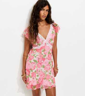 Pink Chiffon Rose Print Lace Trim Mini Dress