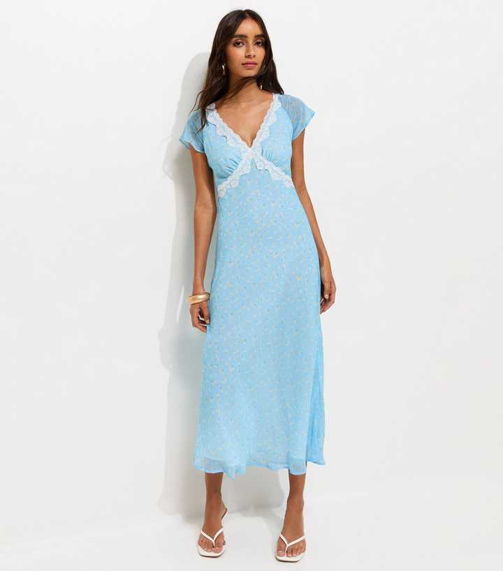 Blue Rose Print Lace Trimmed Chiffon Midi Dress
