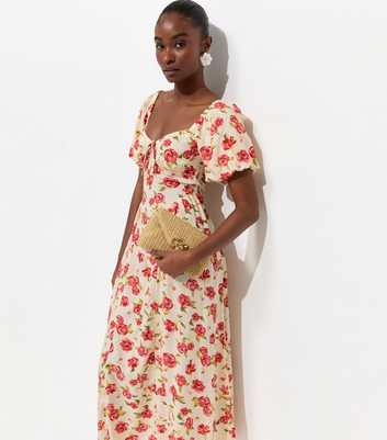 White Rose Print Fitted Waist Milkmaid Midi Dress