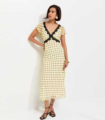 Yellow Spot Print Chiffon Lace Trim Cap Sleeve Midi Dress