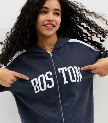 Girls Navy Boston Logo Zip Up Hoodie