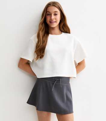 Girls Navy Waffle Texture Drawstring Waist Skort