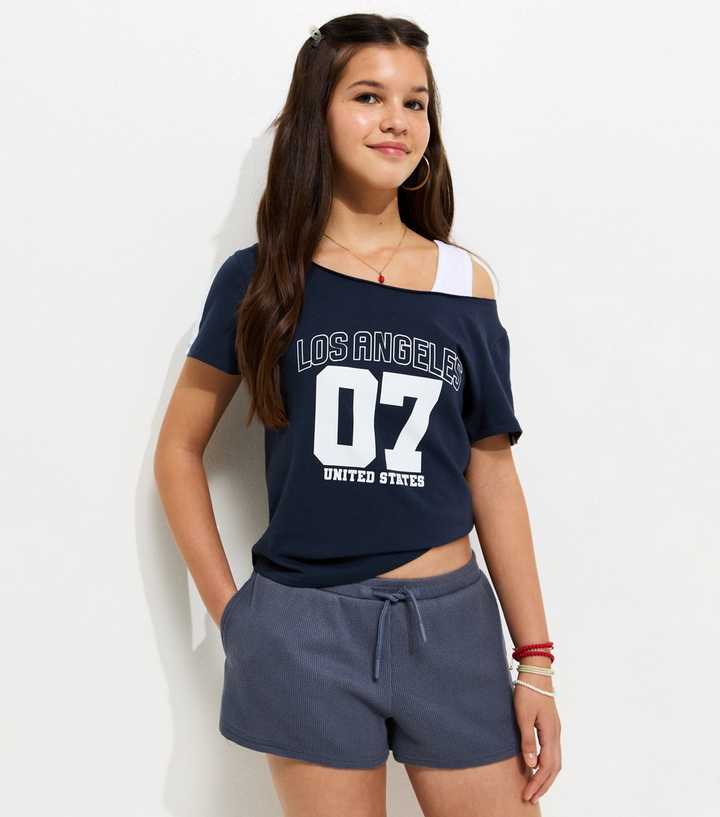 Girls Navy Waffle Texture Drawstring Waist Shorts