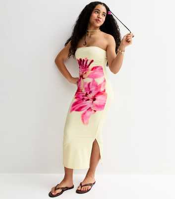 Girls Yellow Oversized Floral Print Strapless Dress