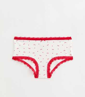 Girls White and Red Bow and Heart Patterned Lace Trim Briefs