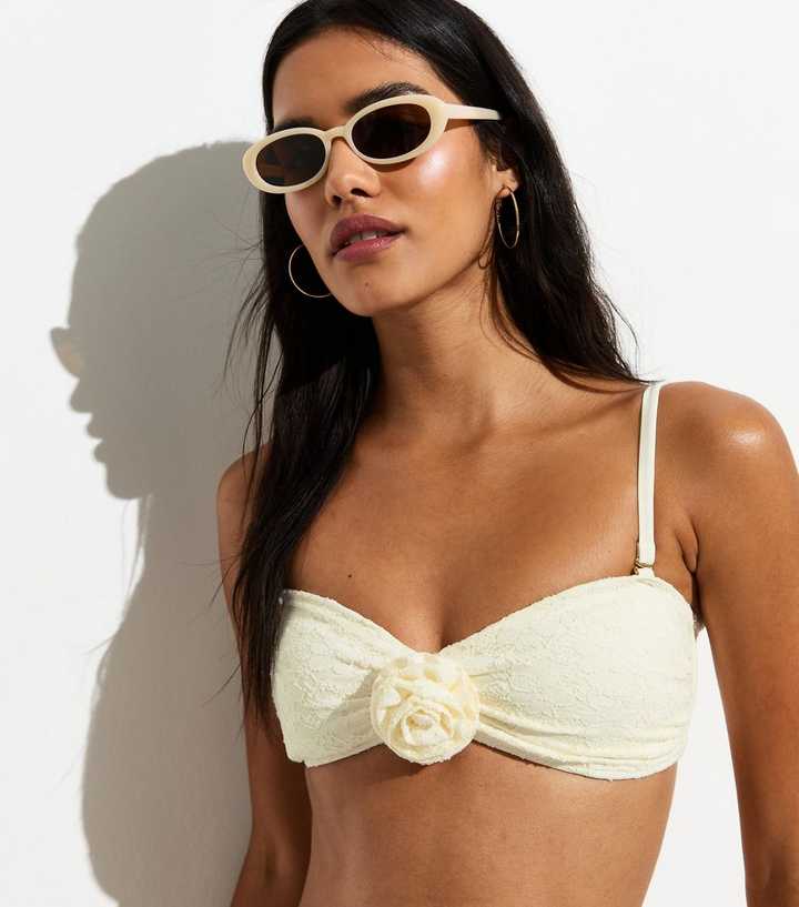 White 3D Floral Lace Bandeau Bikini Top