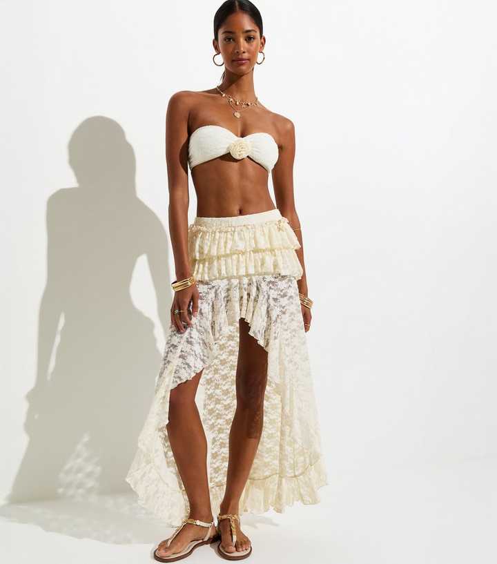 Cream Ruffled Lace Dipped Hem Skirt