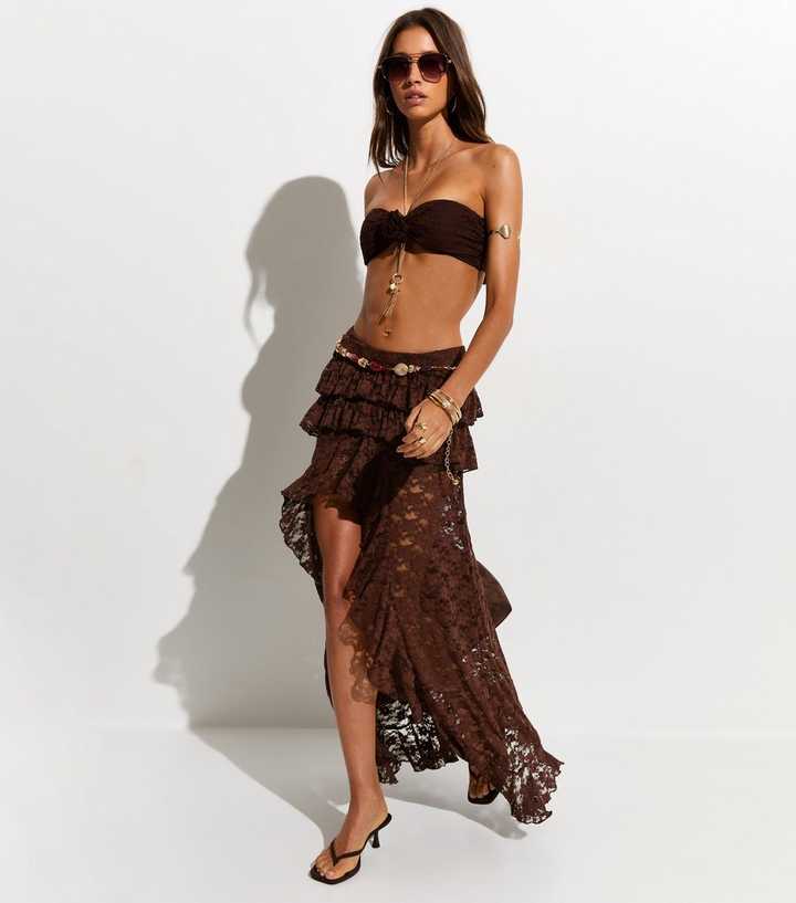 Brown Ruffled Lace Dipped Hem Skirt