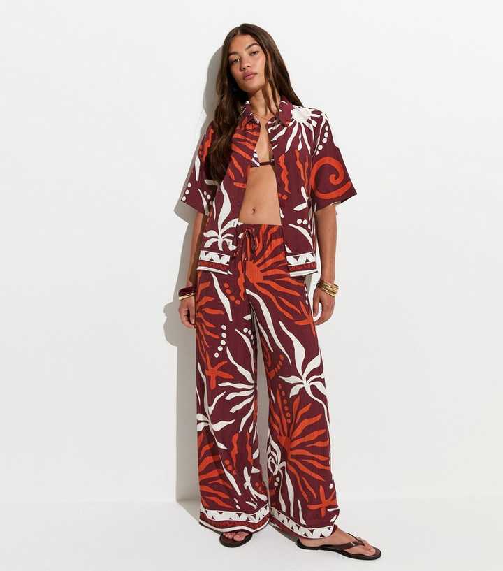 Brown Sun Print Beach Short Sleeve Shirt