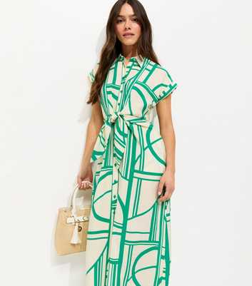 Petite Green Geometric Print Twist Front Midi Shirt Dress