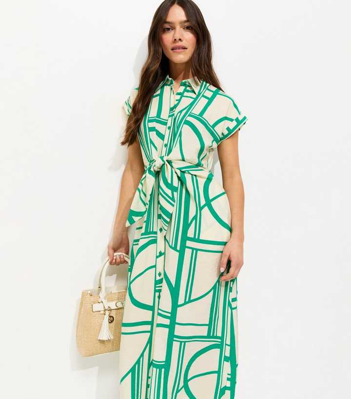 Petite Green Geometric Print Twist Front Midi Shirt Dress