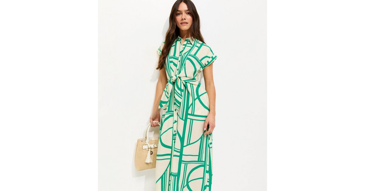 Petite Green Geometric Print Twist Front Midi Shirt Dress | New Look Petite Green Geometric Print Twist Front Midi Shirt Dress | New Look