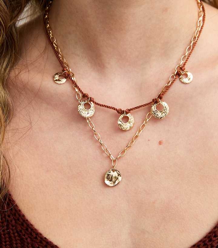 Gold Tone Layered Rope and Chain Pendant Necklace