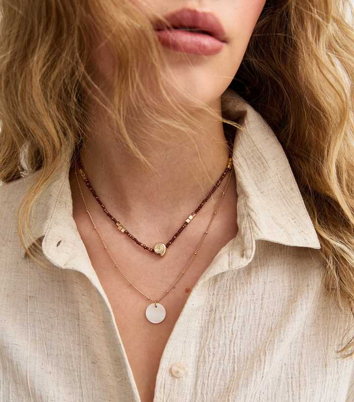 Gold Tone Layered Beaded Shell Necklace
