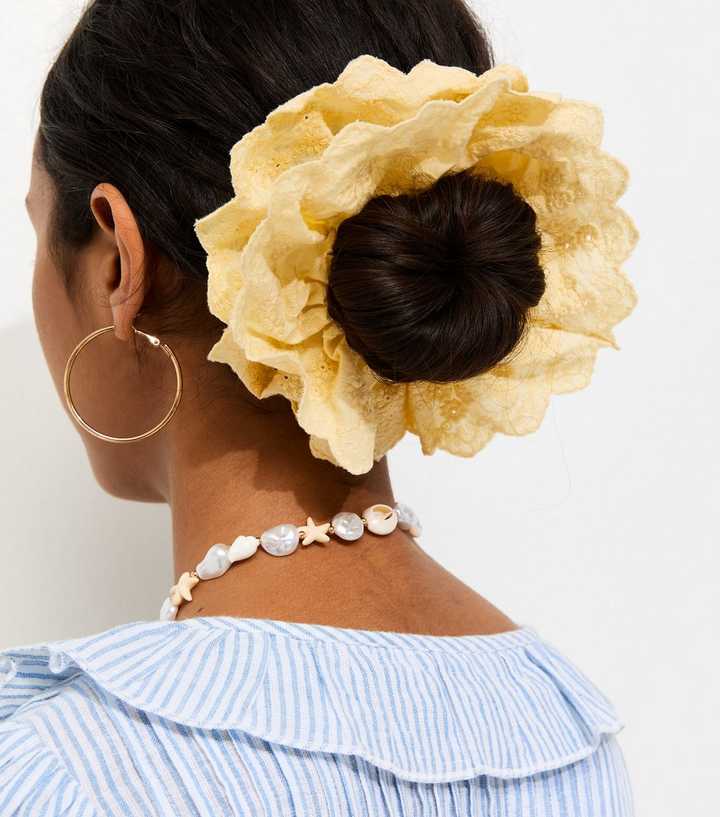 Yellow Oversized Broderie Anglaise Frilly Scrunchie