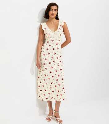 Cream Rose Print Lace Trim Tea Midi Dress