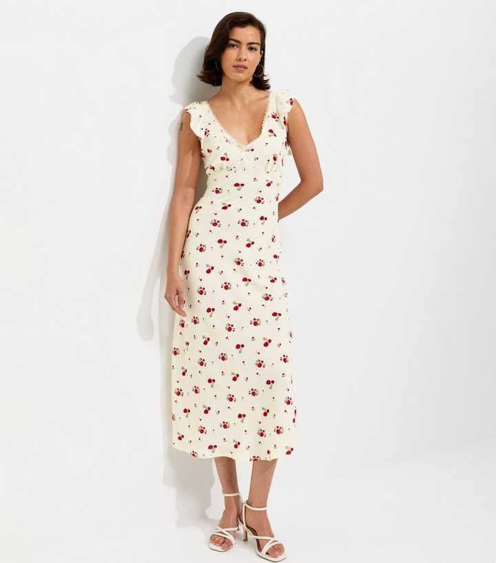 Cream Rose Print Lace Trim Tea Midi Dress