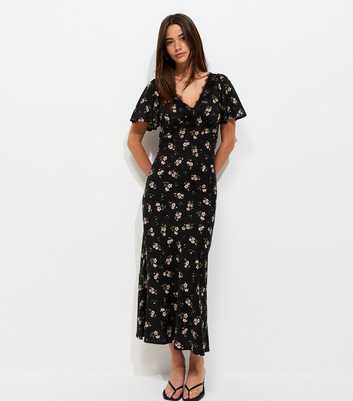 Black Floral Flutter Sleeve Midi Dress
