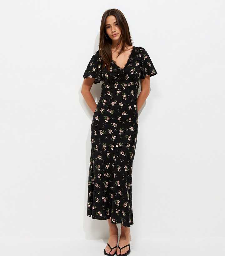 Black Floral Flutter Sleeve Midi Dress