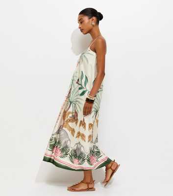 White Tropical Print Strappy Satin Midi Dress