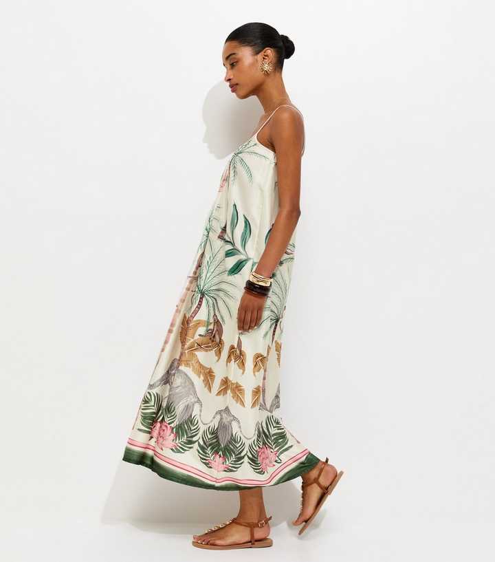 White Tropical Print Strappy Satin Midi Dress