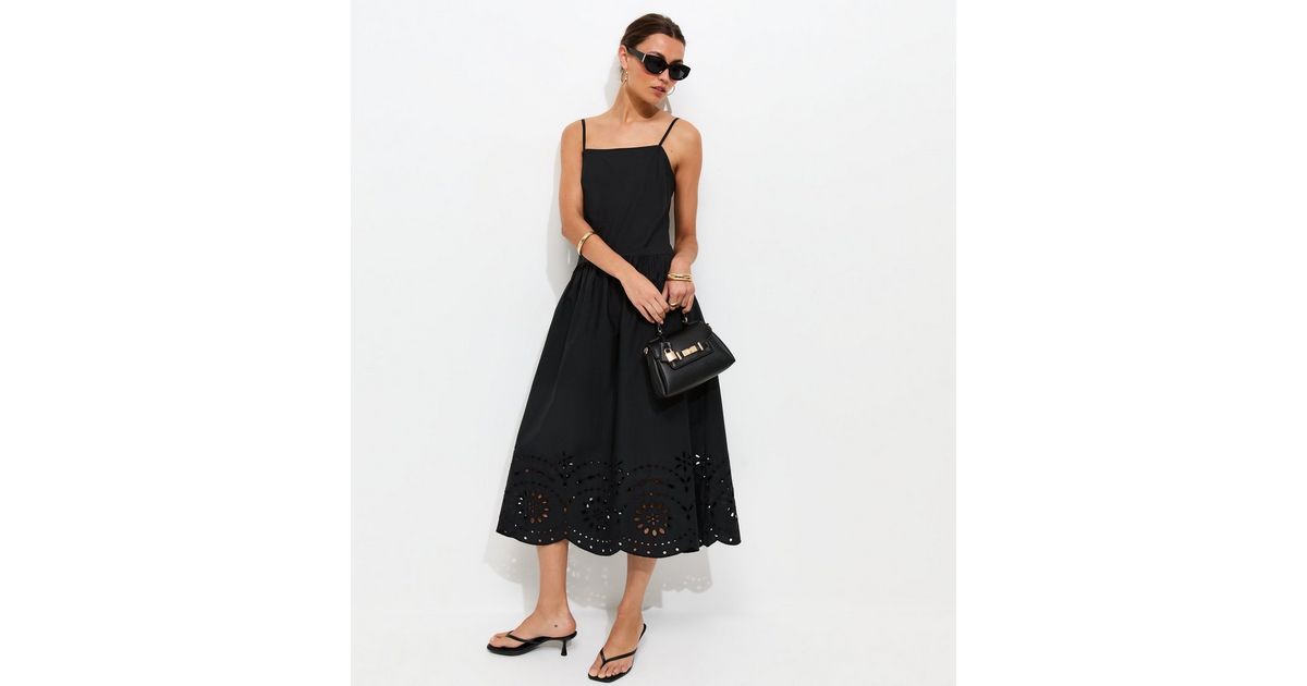 Black Broderie Anglaise Hem Cami Midi Dress