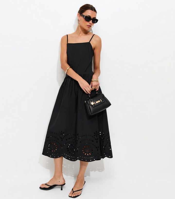 Black Broderie Anglaise Hem Cami Midi Dress