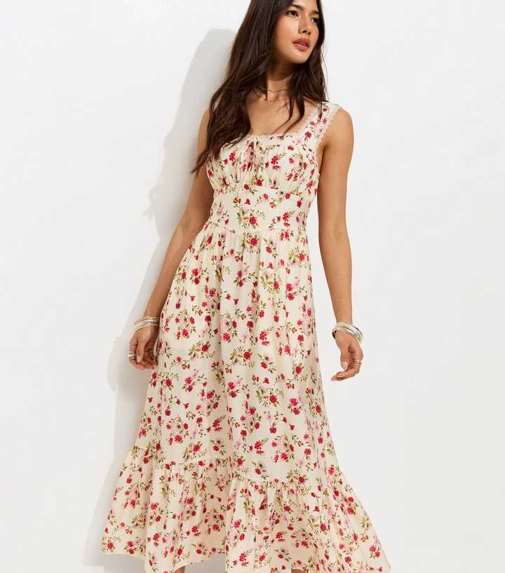 Cream Ditsy Floral Ruched Midi Dress