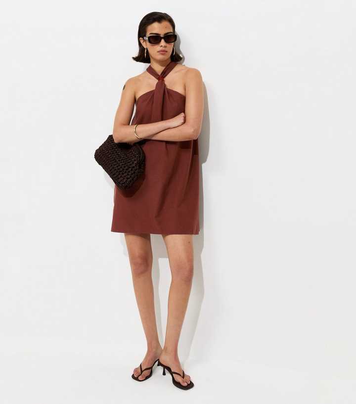 Dark Brown Cotton Rich Bead Halter Neck Mini Dress