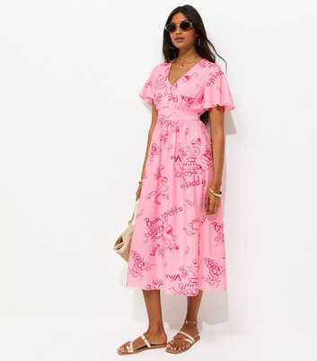 Pink Vino Print Flutter Sleeve Midi Dress