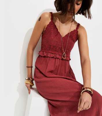 Rust Cotton Crochet Strappy Midi Dress