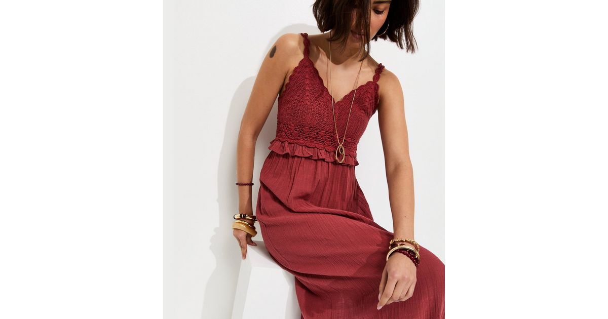 Rust Cotton Crochet Strappy Midi Dress